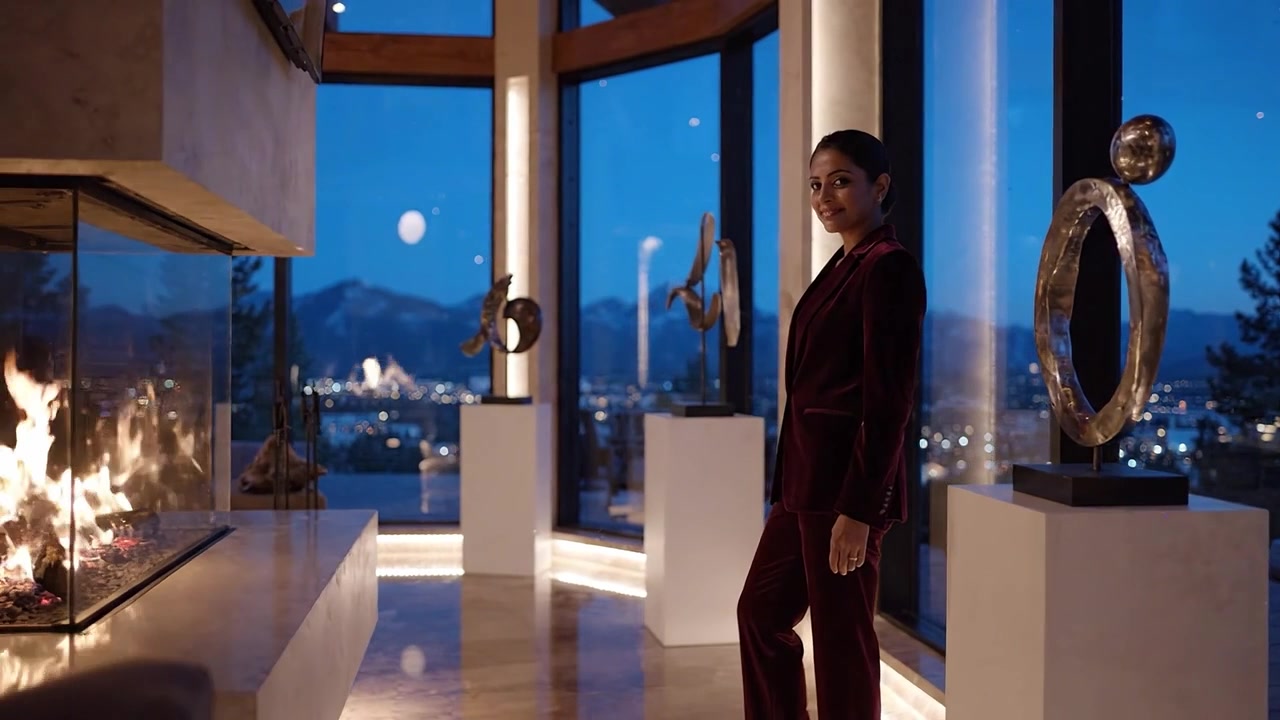 Mujer Elegante con un Traje Estilizado Admirando un Espacio de Vida Moderno con Arte y Vistas a la Ciudad al Anochecer, con una Acogedora Chimenea y un Pintoresco Fondo Montañoso