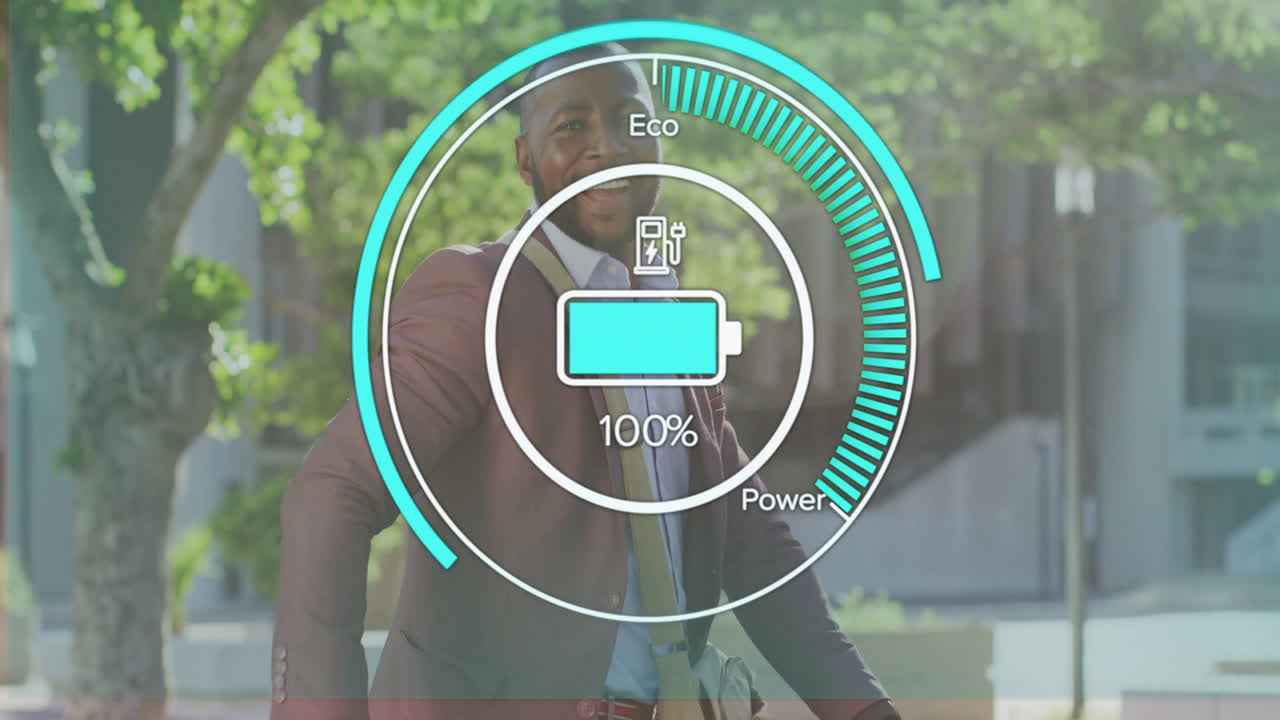 Man riding bicycle with battery charge animation overlay showing 100% power