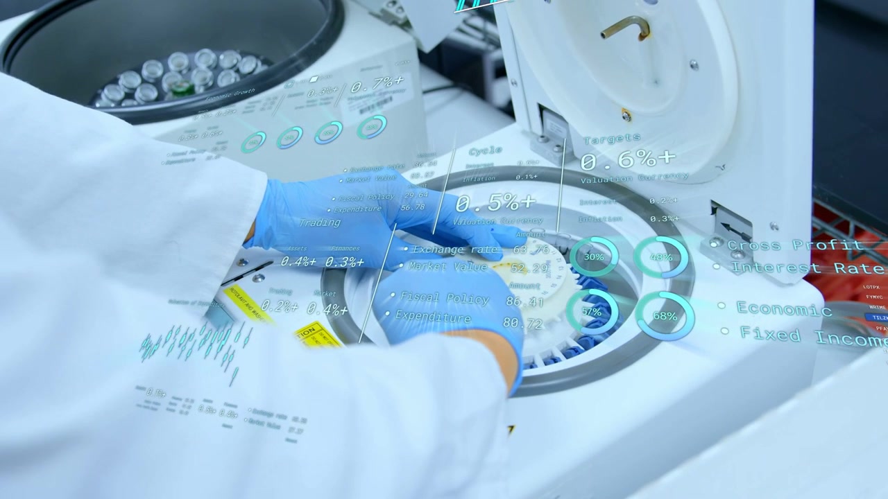 Gloved hands rotating rotor after lid opening, aligning vials for processing with HUD overlays