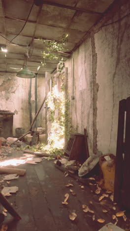 an abandoned and overgrown room