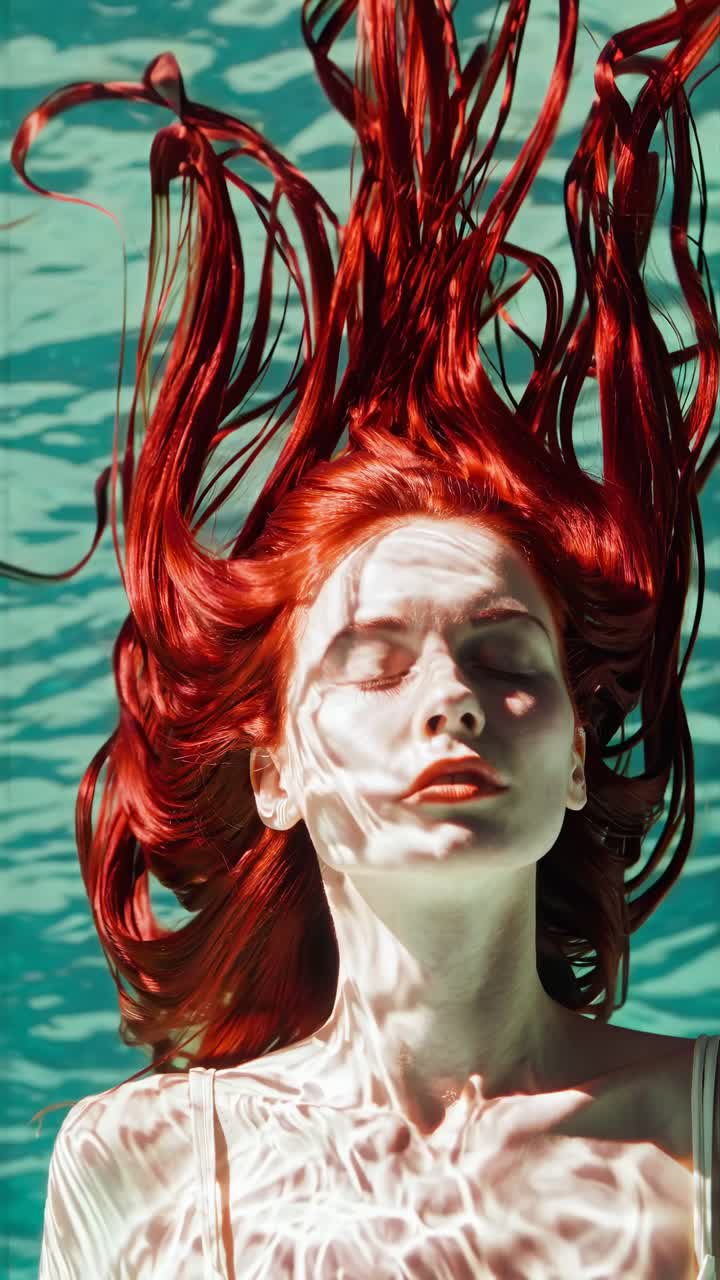 Aerial view of a woman with red hair underwater, sunlight creating patterns on her face