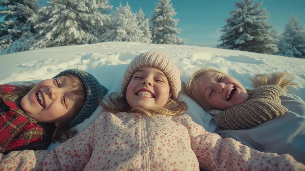 Pulling back camera revealing three children making snow angels on snowy hill, with pine trees