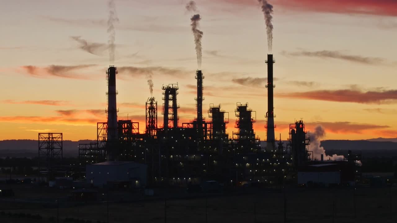Showing refinery complex releasing smoke from chimneys and lighting up with sunset deepening