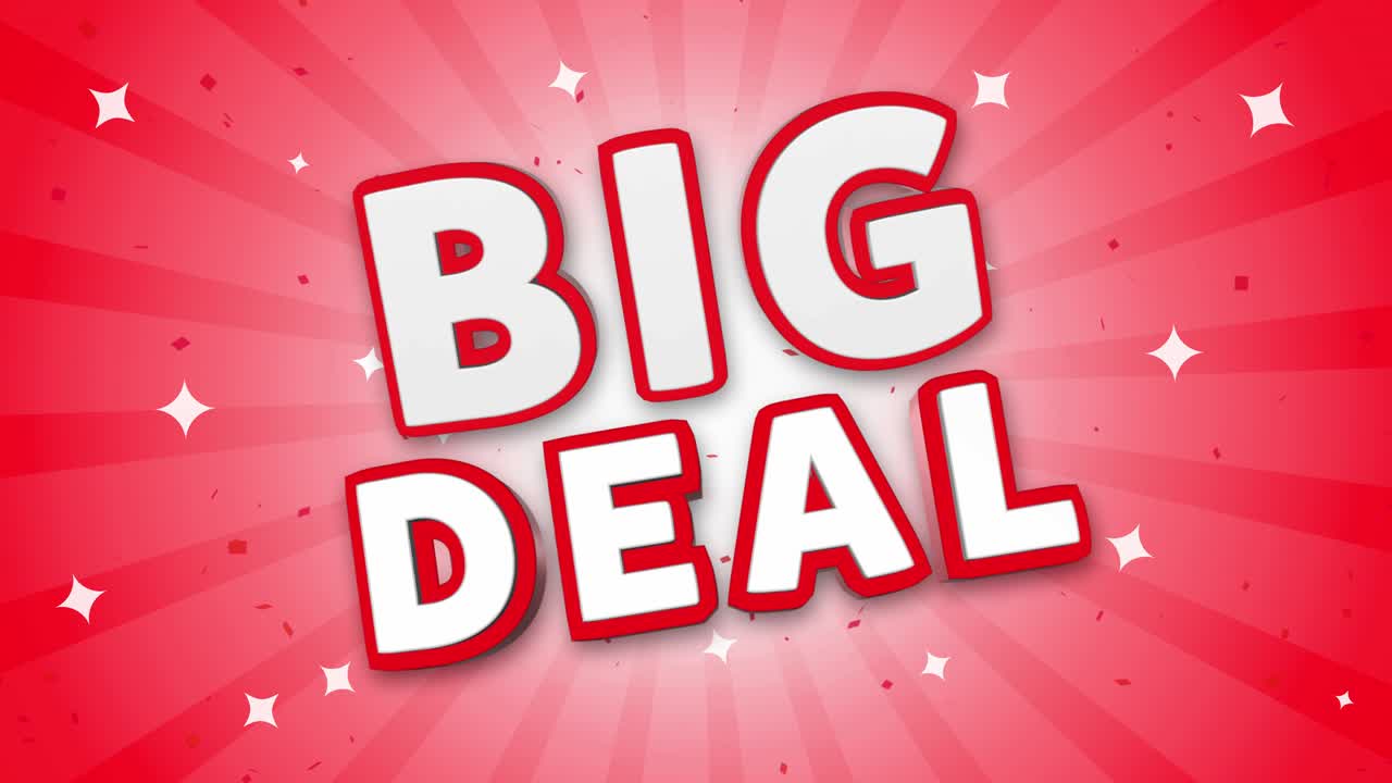 Big deal 3d text on red sparkling falling confetti background ad promotion discount offer sale loop