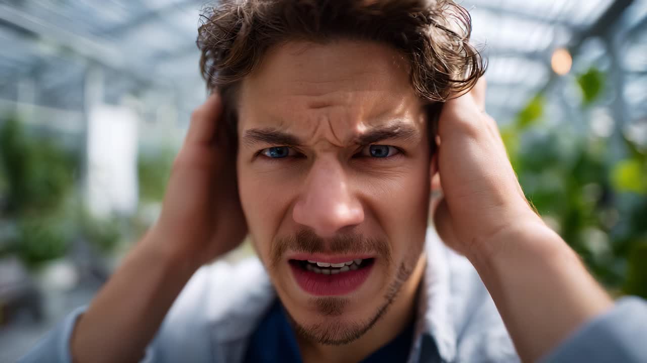 A man expressing confusion and distress with his hands on his head, conveying a deep sense of anxiety in a green house setting, surrounded by lush foliage
