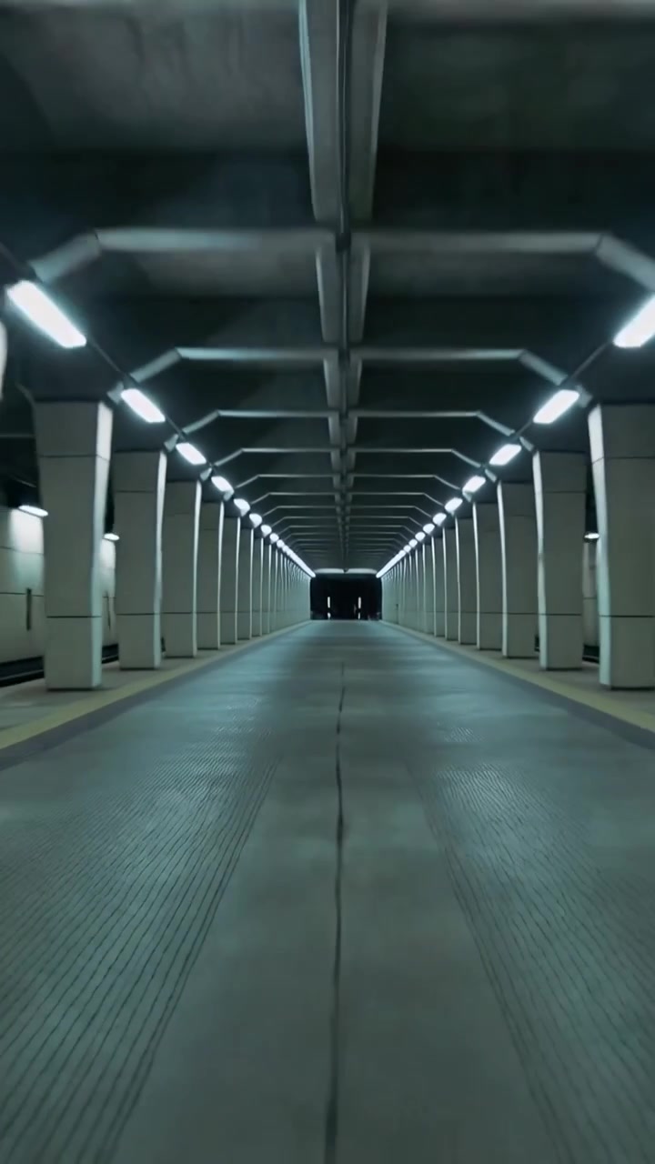 Video verticale: Telecamera in movimento che attraversa un sottopassaggio di un tunnel, mostrando giuntura, colonne, travi, veicolo