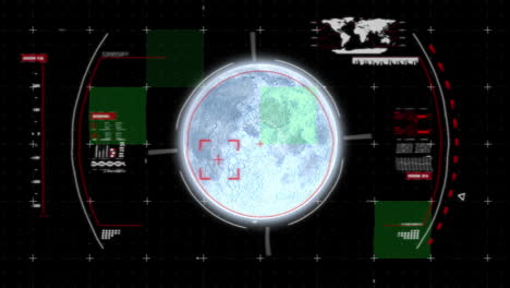 animation of planet earth with scope scanning, world map and data processing on black background