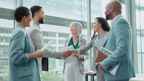 welcome, introduction and business people shaking