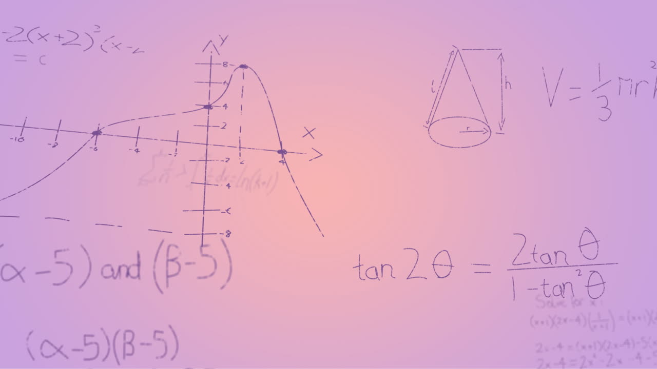 보라색 배경 위에 손으로 쓴 수학 수식의 애니메이션