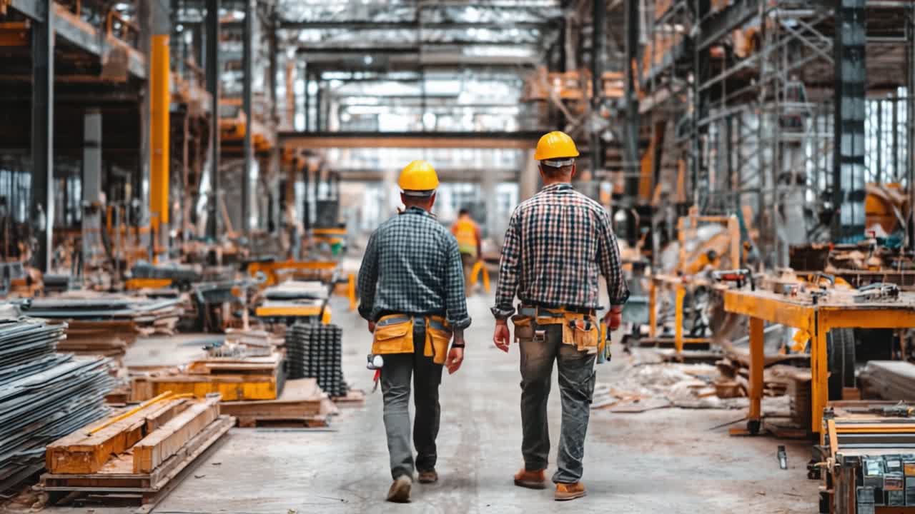Two Construction Workers in Hard Hats Walking through a Machinery Warehouse, Showcasing Their Dedication to Safety and Craftsmanship in a Busy Work Environment
