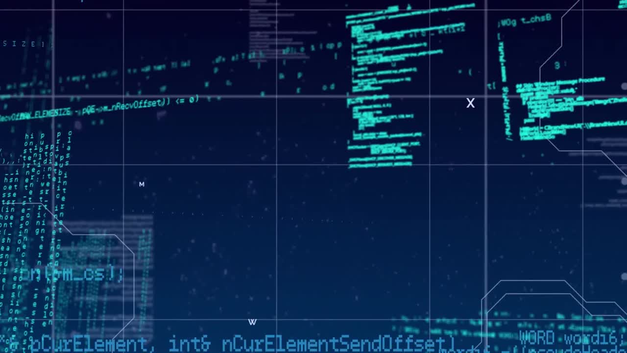 파란색 배경에 대한 그리드 네트워크를 통해 데이터 처리의 디지털 애니메이션