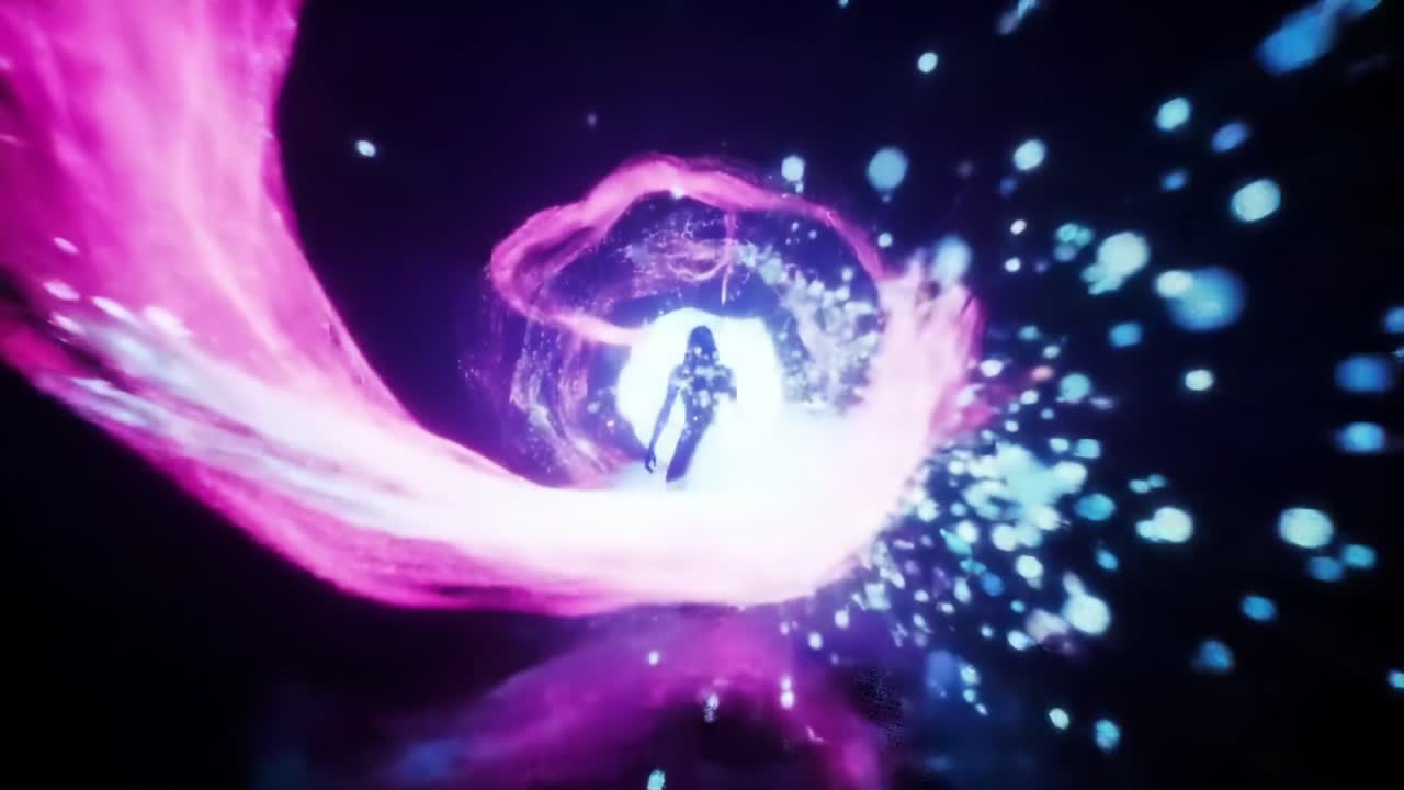 A mysterious figure emerges from a vibrant portal, surrounded by swirling colors and ethereal light, symbolizing a journey into an unknown realm of imagination and creativity