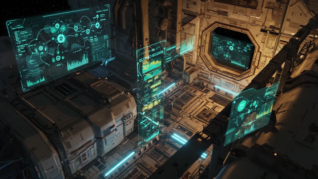A Futuristic Space Command Center Displaying Advanced Technology and Data Visualization with Holographic Screens Illuminating a High-Tech Environment