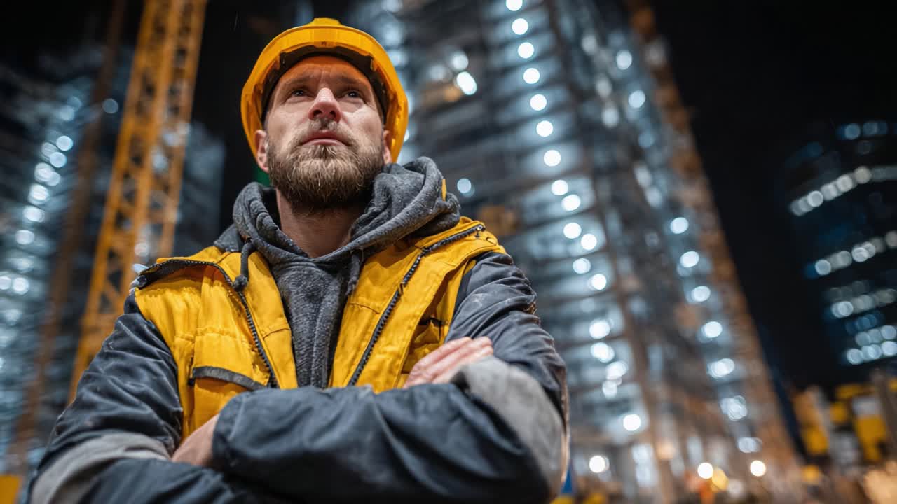 A Focused Construction Worker in Safety Gear Contemplating the Future While Overseeing Building Progress at a Nighttime Urban Construction Site