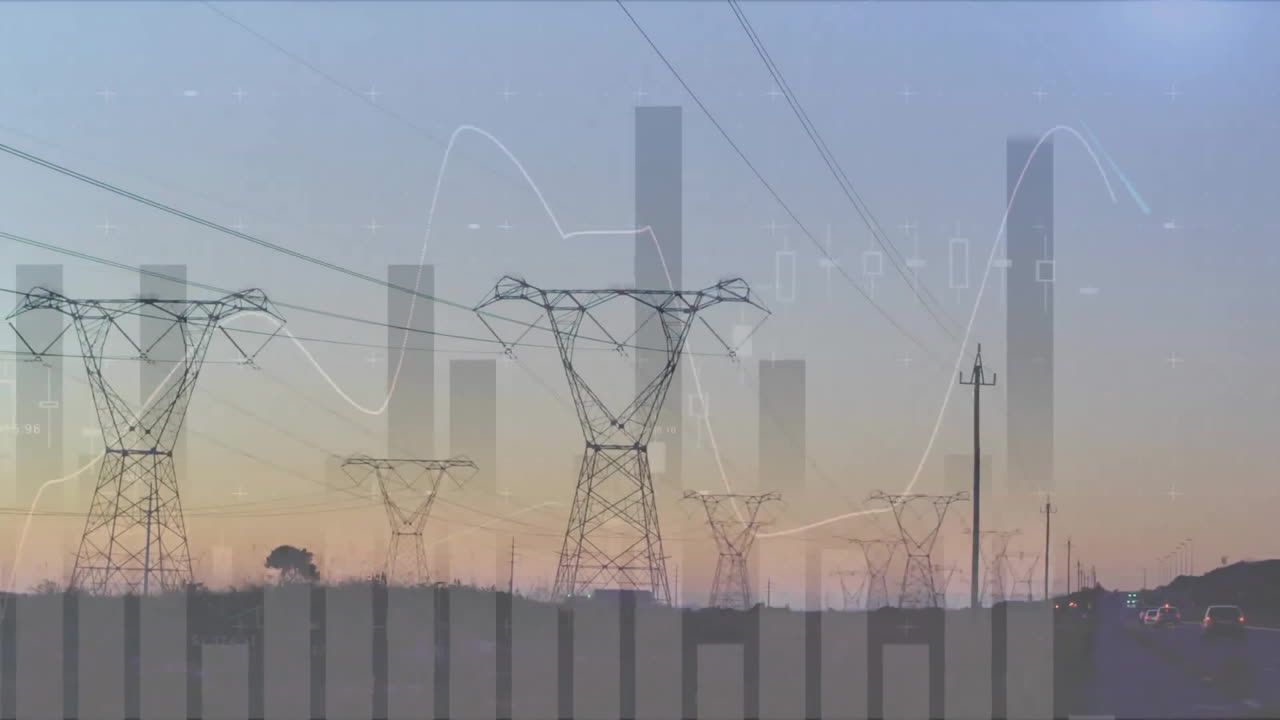 Animation of financial data processing over electrical pylons