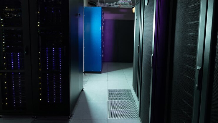 Video of empty corridor with rows of purple and blue computer servers