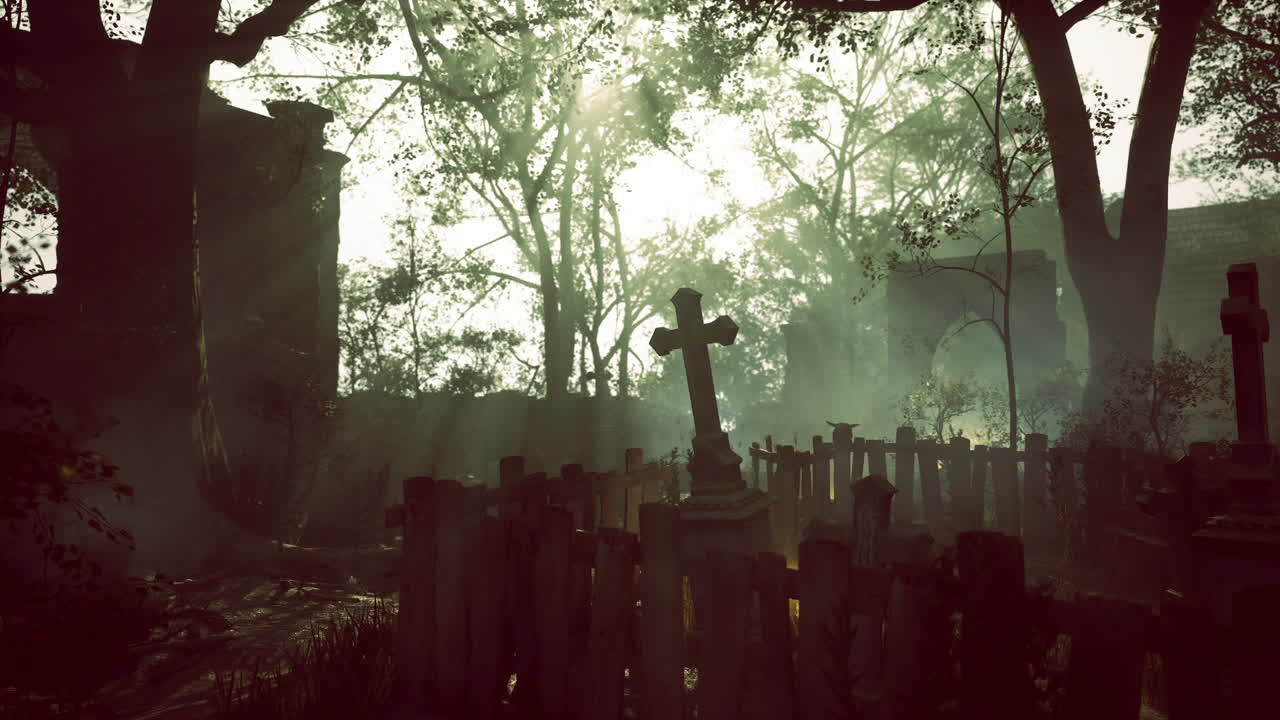 Mysterious graveyard illuminated by sunlight filtering through trees