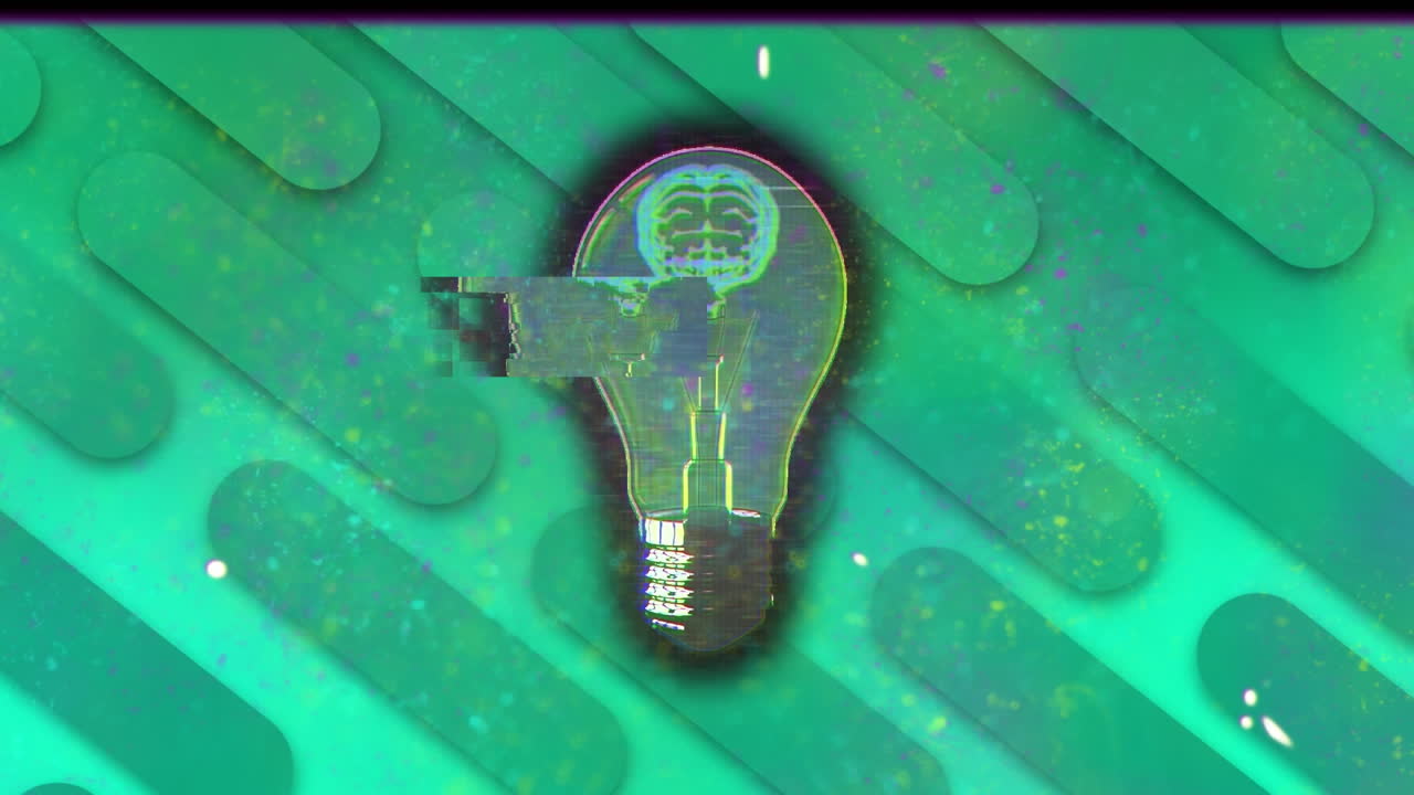 animación de formas en movimiento y bombilla sobre fondo verde