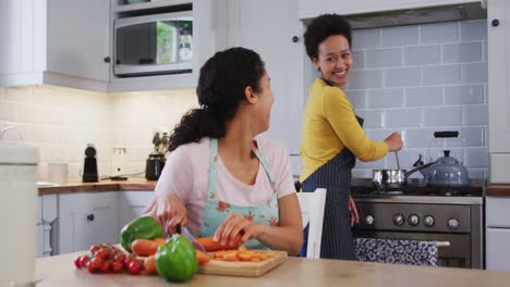mixed race lesbian couple and daughter preparing food in kitchen