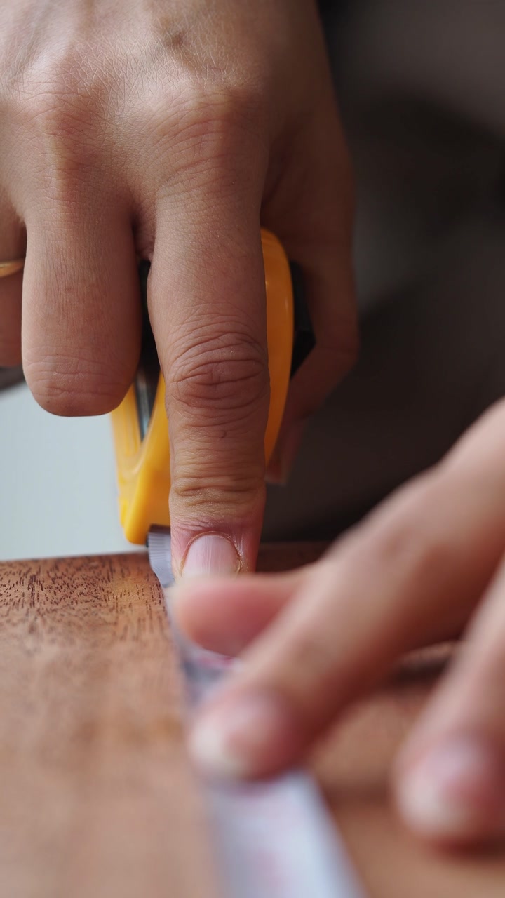 Close-up of Hands Measuring Wood with a Yellow Tape Measure