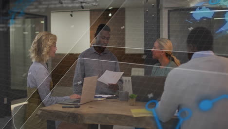 animation of globe and computer language over diverse coworkers sharing ideas in office