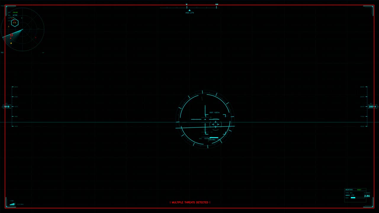 Military graphics displaying sensor data and targeting information. The interface includes a circle with a pointer indicating a target, set against a dark background