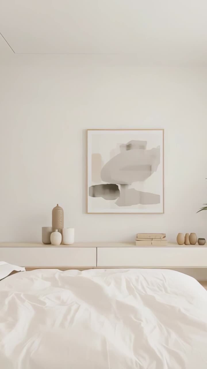 Vertical video: Displaying bedroom at home, featuring white duvet bed and beige vase on low dresser