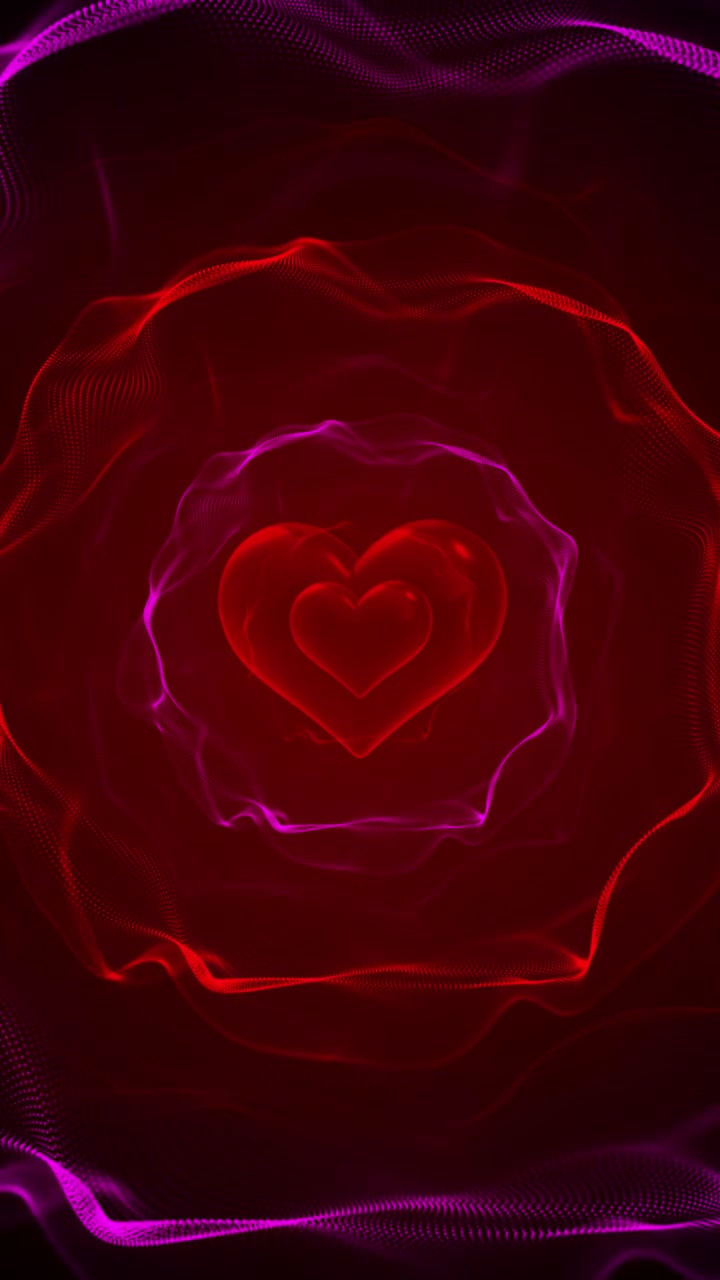 Escena romántica de vórtice de neón con corazón, anillos de onda púrpura, profundidad brillante, atmósfera oscura y soñadora, amor