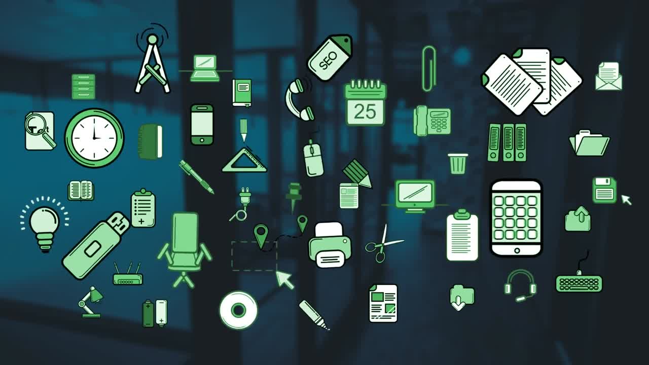 animación de iconos de negocios que se mueven sobre la oficina vacía