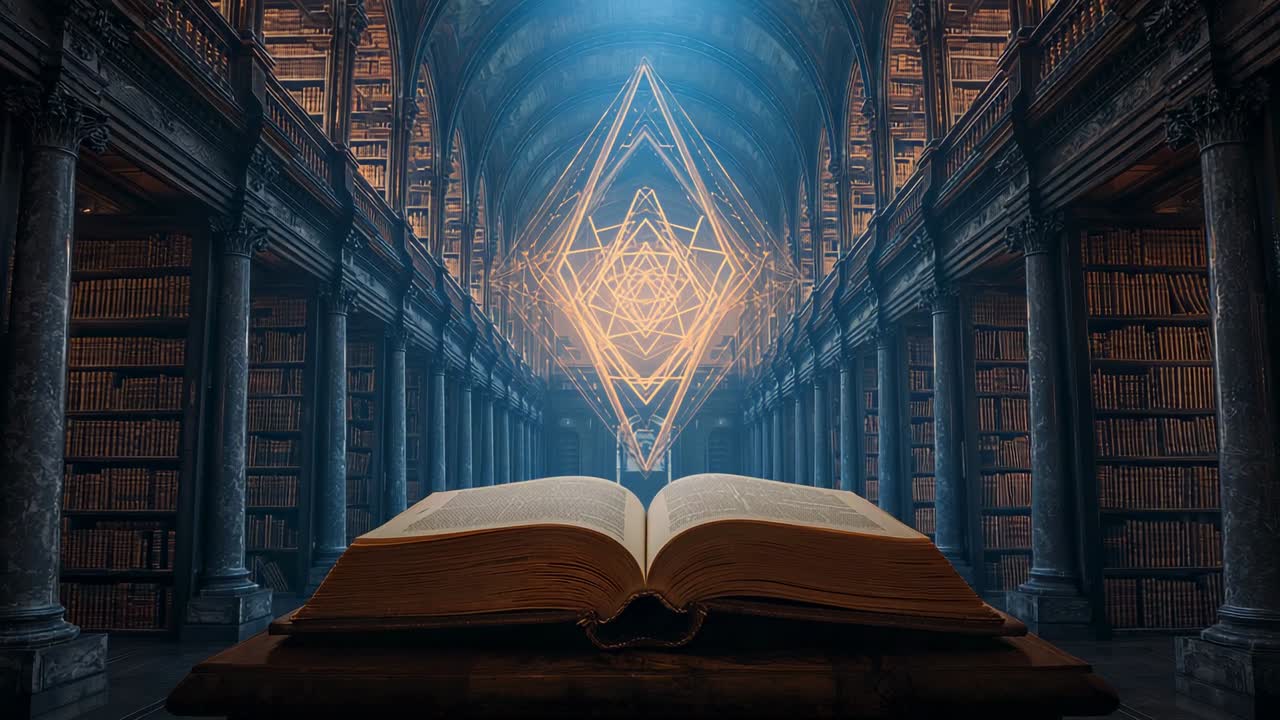 Glow appearing from book on lectern in library hall, forming polyhedron amid columns, bookshelves