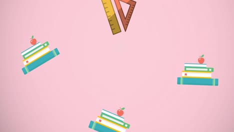 Digital-animation-of-multiple-geometric-equipment-and-stack-of-books-icons-against-pink-background
