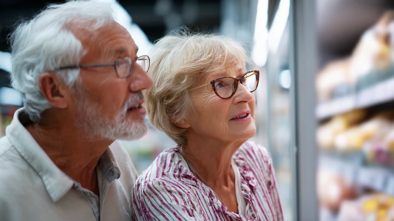 An elderly couple shares a moment of curiosity and interest as they explore the aisles of a grocery store, highlighting the joys of companionship and the simple pleasures of shopping together