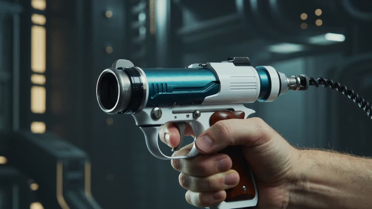 Pressing switch, operator's hand firing gun in dim lab, coiled cable taut, testing arc shifting