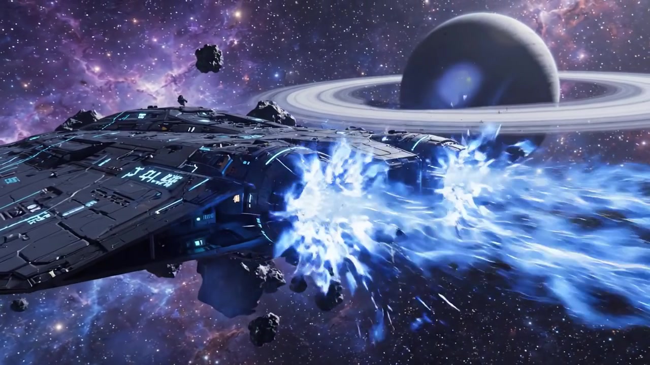 Et imponerende sci-fi rumskib navigerer gennem et asteroidefelt i et farverigt kosmos, der udsender strålende blå flammer, tæt på en majestætisk planetarisk ring.