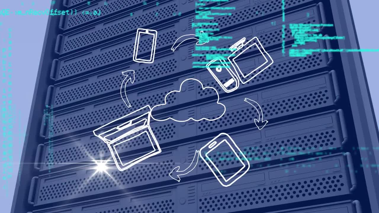 Animation of network of icons and data processing over computer servers
