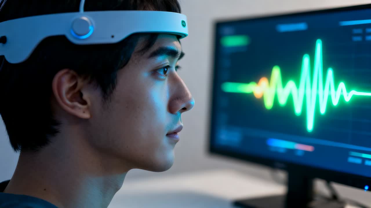 Uomo seduto, EEG, laboratorio buio, chiusura della fotocamera, sguardo fisso sul monitor a forma d'onda verde, LED che si illumina per il test