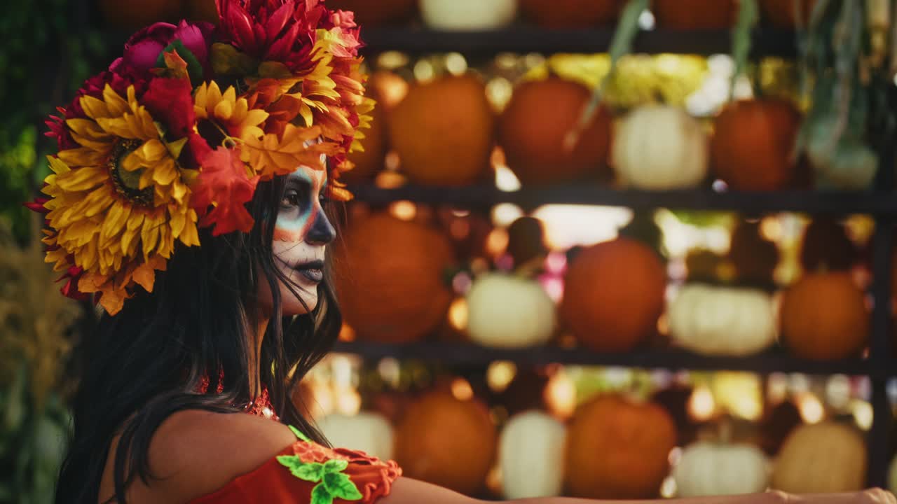 Day of the Dead Celebration with Sugar Skull Makeup and Floral Crown