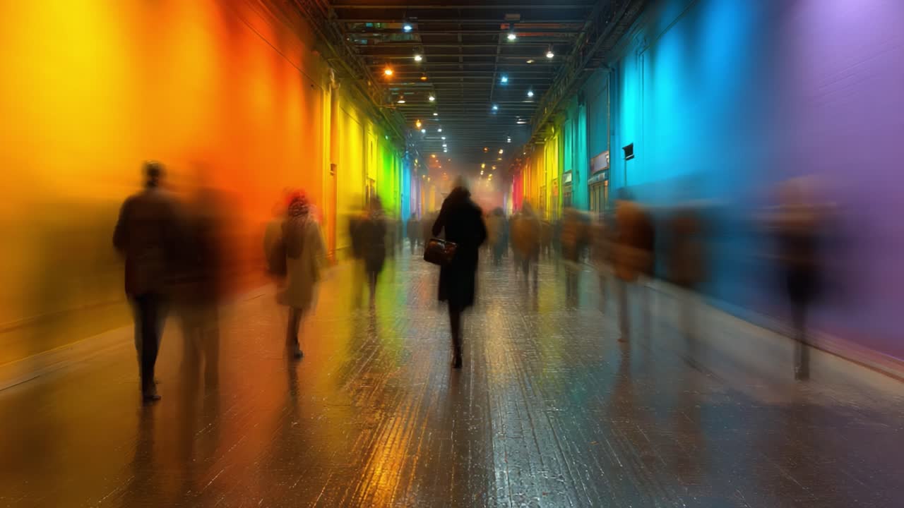 A Vibrant Journey Through a Colorful Hallway: A Serene Exploration of Movement and Light in a Blurred World