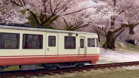 train passing through cherry blossom trees