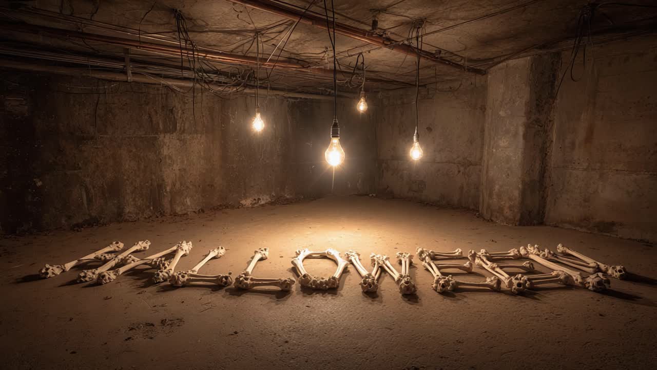 Dark and spooky basement with flickering lights illuminating the word Halloween written on the floor with human bones. Eerie setting creating a horror atmosphere perfect for the holiday