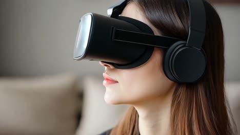 una mujer con un auricular de realidad virtual