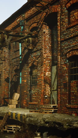 abandoned brick building with rusty pipes and broken windows