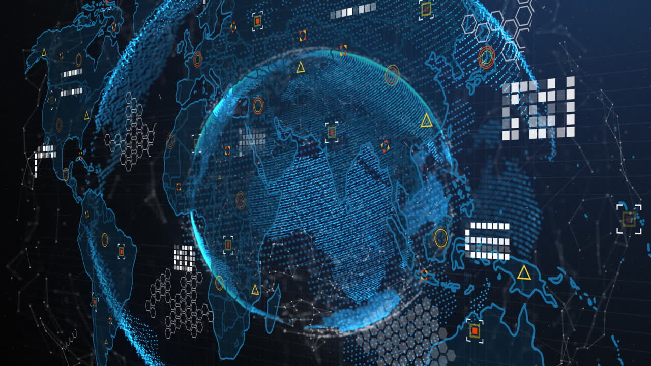 Animation of world map and network of connections over globe against blue background