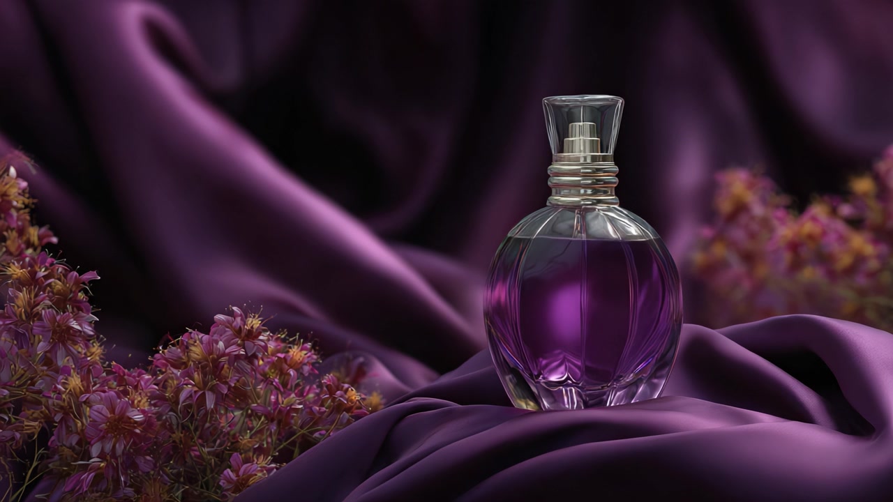 Elegante flacone di profumo circondato da un vibrante tessuto viola e fiori delicati, che mette in risalto lusso e fascino in una disposizione serena e artistica.