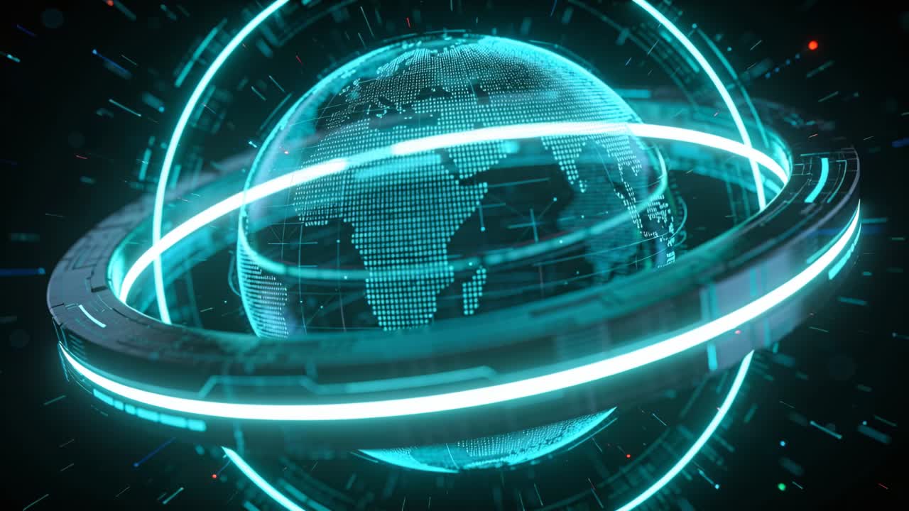 Starting frame showing dotted holo globe sweeping cyan bands, rotating metal ring as HUD in void