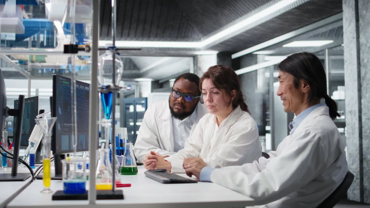 Vertical video Multiracial lab technicians at PC desk looking at 3D molecular model