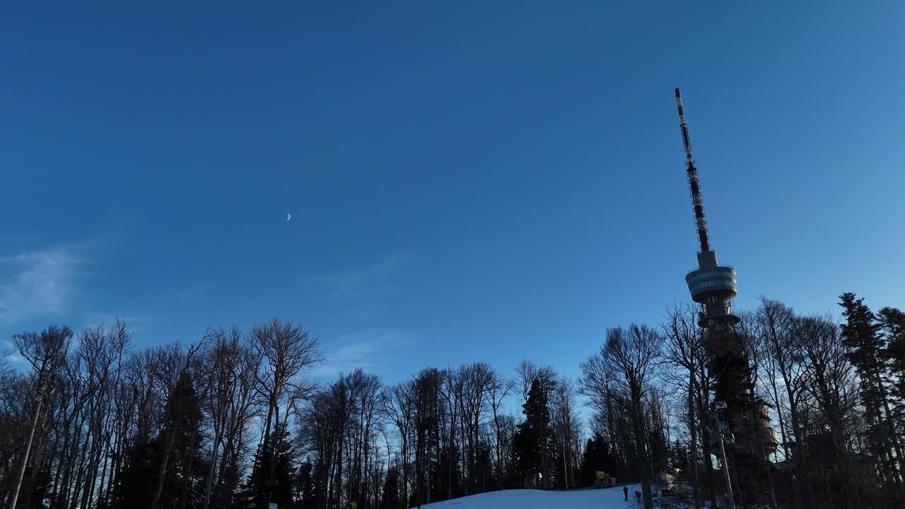 Aerial view of the top of Medvednica mountain in Zagreb in winter in 4k