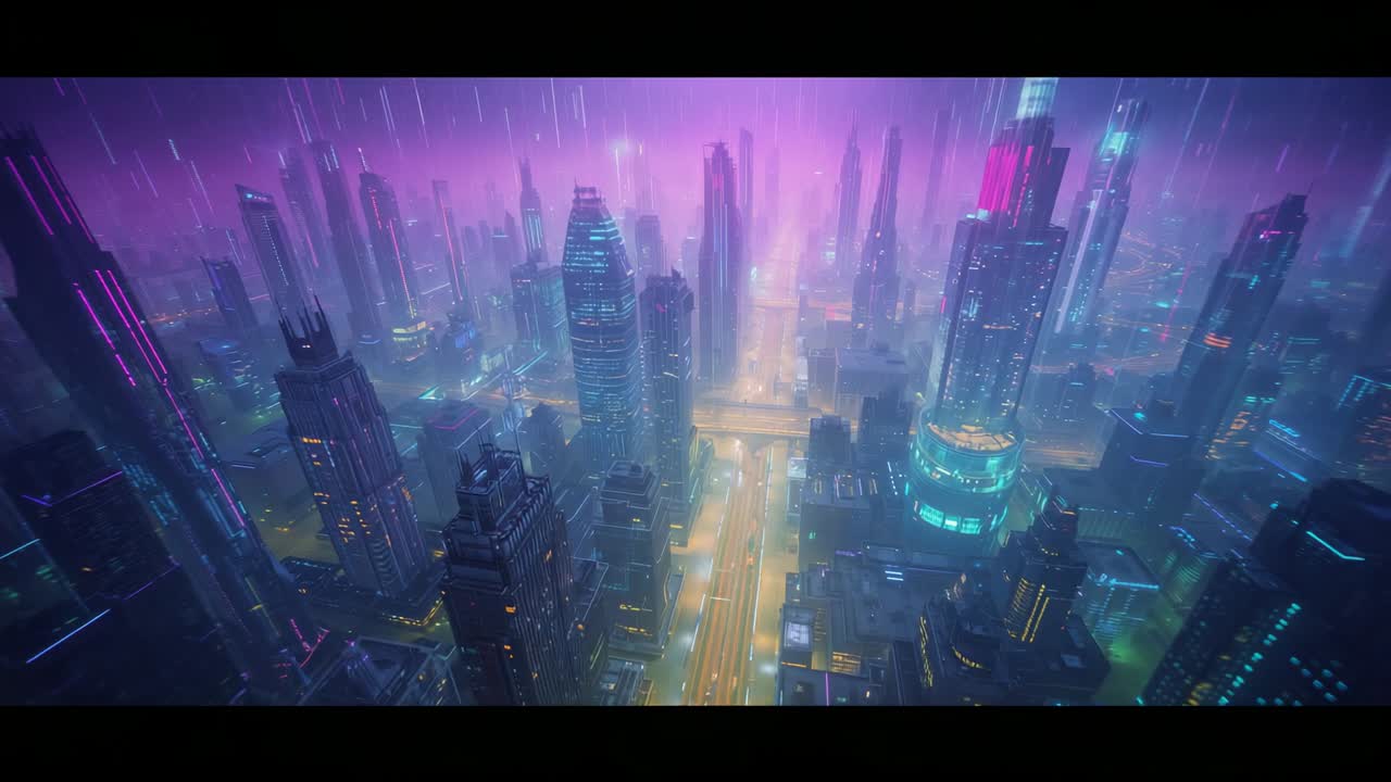 Revealing neon-lit city skyline reflecting rain over highway traffic, with glowing signage