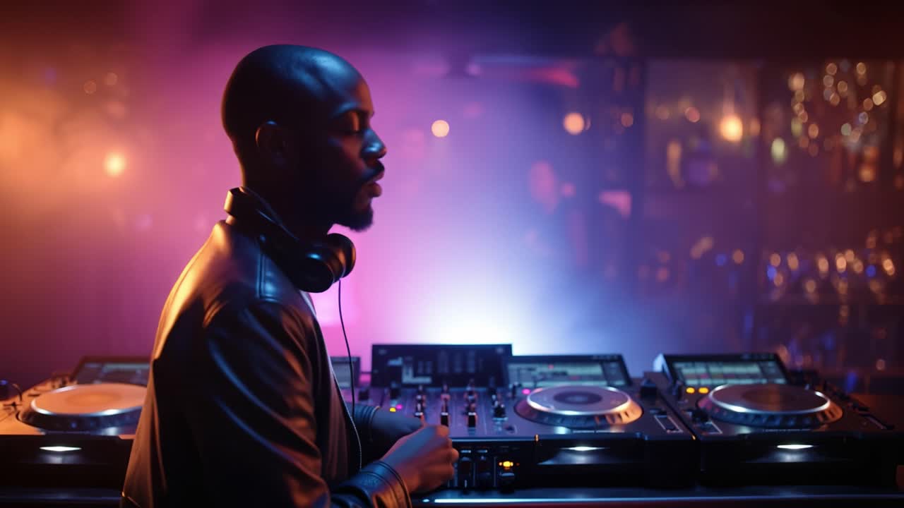 DJ bag pladespillerne, fokuseret, opslugt af rytmen. Læderjakke skinner under lilla neonlys. Hænder bevæger sig, justerer knapper, mixer beats. Røg hvirvler, byens lys skinner, bassen pulserer