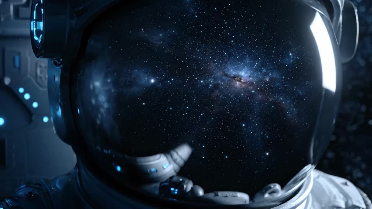 Astronaut in Space with Bubbles Reflecting Galaxy